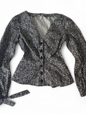 free people sienna black and white floral printed blouse size xs